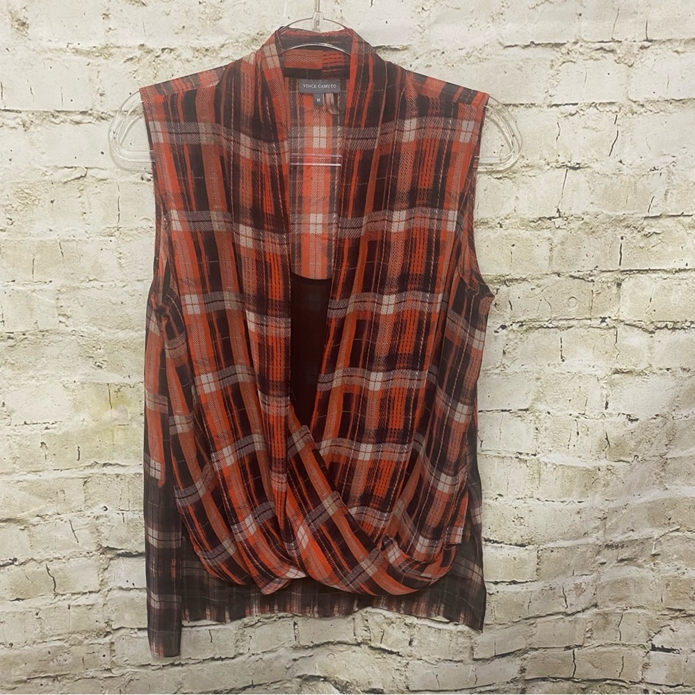 Vince Camuto Red and Black Plaid Drape Blouse